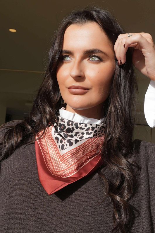 Leopard & Tile Border Triangle Silk Neckerchief Deep Rust